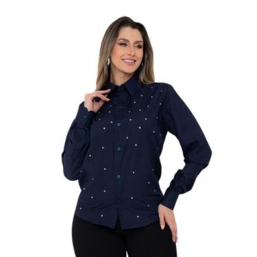 Imagem de Camisa Social Feminina Manga Longa Slim Azul Marinho com Strass - Pthi