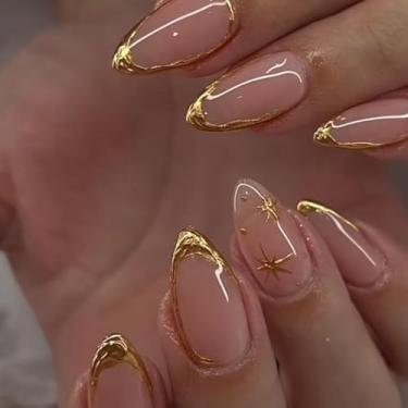 Imagem de Gold Trench Tip Press on Nails Médio Amêndoa, Rosa Nude + Pontas de Linha Dourada, Cola em Unhas Amêndoas Médias para Mulheres, Capa Completa Ajuste Perfeitamente Feito à Mão Gel Macio Artificial Kit