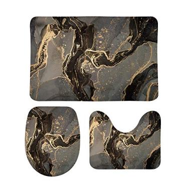 Imagem de My Daily Conjunto de 3 peças de tapetes de banheiro mármore preto cinza dourado moderno tapete contorno, tampa de vaso sanitário antiderrapante tapete de banheiro