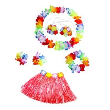 Imagem de YIJU 5 peças saia havaiana flores pulseiras colar e faixa de cabeça conjunto de fantasia para celebração vestir-se carnaval festa luau, Comprimento da saia 30cm