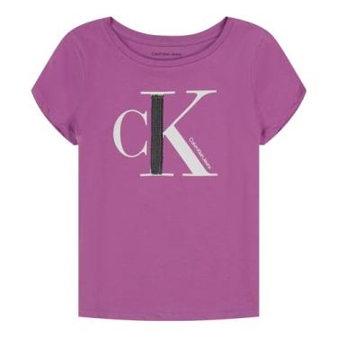 Imagem de Calvin Klein Camiseta de algodão de manga curta para meninas com design de lantejoulas e interior sem etiqueta, Orquídea íris, 12-14