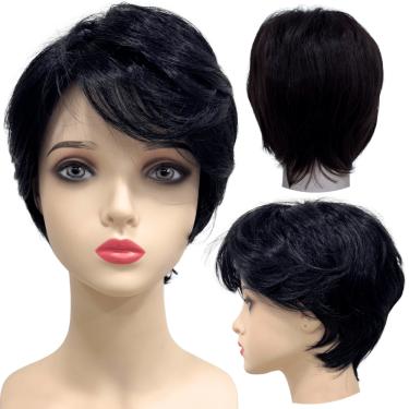 Imagem de Peruca curta preta com franja unissex orgânica lisa repicada