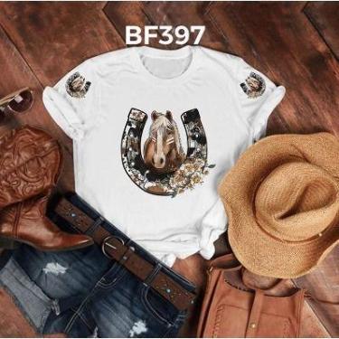 Imagem de T Shirt Feminina Branca Estampa Ferradura Cavalo - loja dinka, p