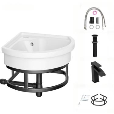 Imagem de Lordear Pia de banheiro de canto montada na parede com toalheiro – Pia de vaso de porcelana suspensa de parede triangular de 28 cm x 28 cm para banheiros pequenos, pia de vaidade de um orifício para