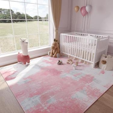 Imagem de Kelarea Tapete rosa para bebês meninas, 20 x 25 cm, moderno, abstrato, lavável, para quarto de criança, tapete grande antiderrapante para dormitório, sala de estar, sala de jogos infantil