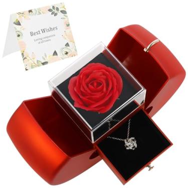 Imagem de Colar de rosa vermelha artesanal preservada com clavícula oca, rosa real preservada, caixa de joias com colar para namorada, esposa, mãe, presente no aniversário de Natal, aniversário, plástico