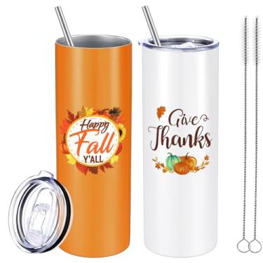 Imagem de Caneca de outono com 2 unidades de Give Thanks Happy Fall Cup, novidades divertidas de folhas de colheita para festa de outono no dia de Ação de Graças, caneca de copo isolada a vácuo de 590 ml com tampas de canudos e escovas
