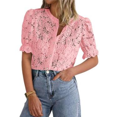 Imagem de Blusa feminina PRETTYGARDEN de renda de manga curta rosa tamanho L