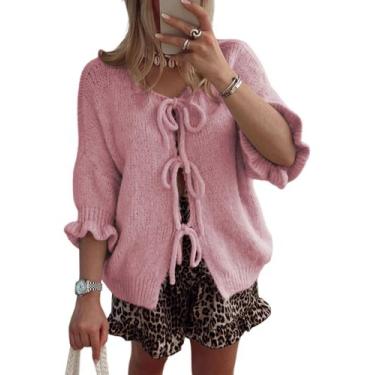 Imagem de Suéter feminino TIQOJE, manga 3/4, gravata frontal, rosa