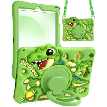 Imagem de Boaretiu Capa para iPad 9ª/8ª/7ª geração de 10,2 polegadas (2021/2020/2019) - Desenho fofo com alça de ombro e suporte giratório para meninos, meninas, adolescentes, silicone macio, dinossauro verde