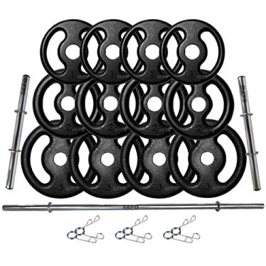 Imagem de Kit Anilhas Ferro Fundido 24 + Barras Com Presilhas