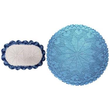 Imagem de Kit Com Tapete De Crochê Corações 1,18 Metros Azul Bebê E Tapete Oval