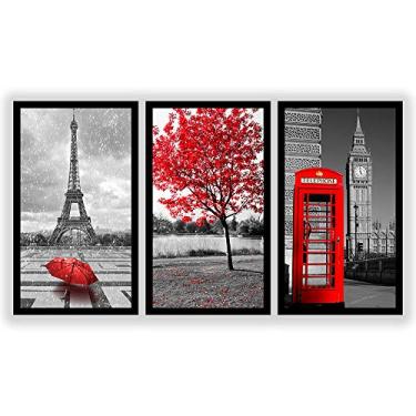 Imagem de Kit 3 Quadros Decorativos Grandes com MOLDURA Cidades do Mundo Vermelho