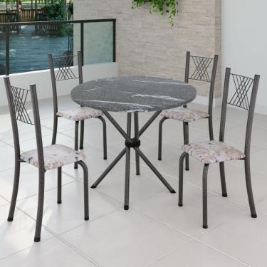 Imagem de Conjunto de Jantar Mesa Tampo Redondo de Granito Topázio com 4 Cadeiras Sara Yescasa Botanic Bege/Mart Prata