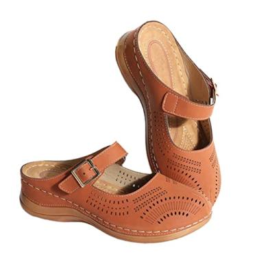 Imagem de Holibanna 1 par de sandálias femininas de couro PU bico redondo frente única chinelo casual diário salto baixo mules sandálias deslizantes sapatos marrom tamanho 43 EU41, US9. 5, UK7