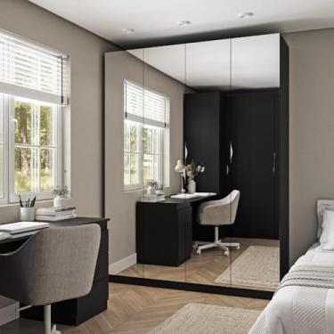 Imagem de Guarda Roupas Modulado com Espelho 4 Portas com Cabideiro Hera Cabecasa Madeiramadeira Preto Onix/cromado