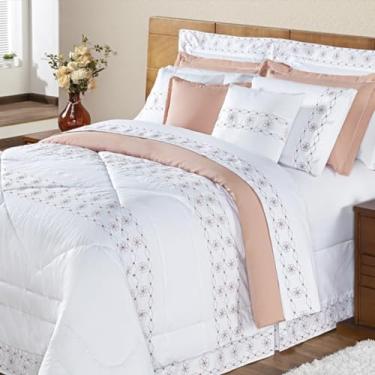 Imagem de Kit Edredom Queen Bordado Algodão Damasco 11 Peças - Super Macio - com Almofada - Lindo Bordado (Queen, Branco/Salmão)
