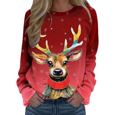 Imagem de Elogoog Camisa feminina Merry Christmas para mulheres, plus size, moletom superdimensionado, pulôver leve, suéter grosso e quente, Vinho B, G