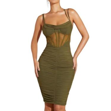 Imagem de Camisa Feminina Sexy Army Green Mesh Insert Ruched Bodycon Dress (Color : Army Green, Size : L)
