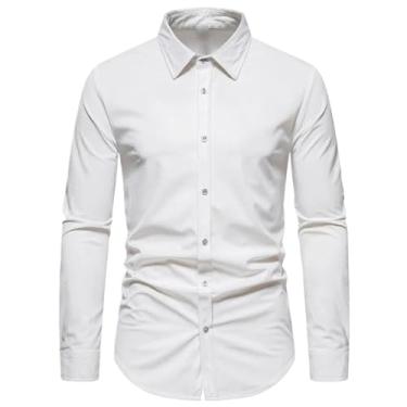 Imagem de Camisa masculina de manga longa primavera cor sólida casual veludo cotelê gola virada para baixo camisas masculinas vintage negócios, Branco, PP