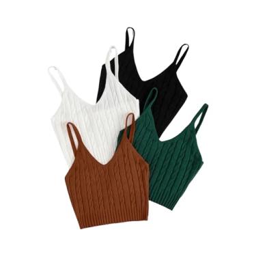 Imagem de Floerns Colete feminino 4 peças de tricô gola V alças finas micro top suéter, Preto, branco, verde, marrom, P