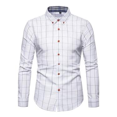 Imagem de Camisa masculina casual padrão xadrez ajuste solto mangas compridas punhos ajustáveis botões camisa, Branco, 5G