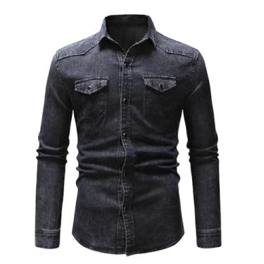 Imagem de Camisa jeans masculina, manga comprida, botões frontais, cor gradiente, roupa externa, bainha reta, bolsos frontais, Cinza escuro, M