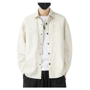 Imagem de Camisa jeans masculina, manga comprida, gola aberta, cor lisa, botões frontais, bainha reta, Bege, G