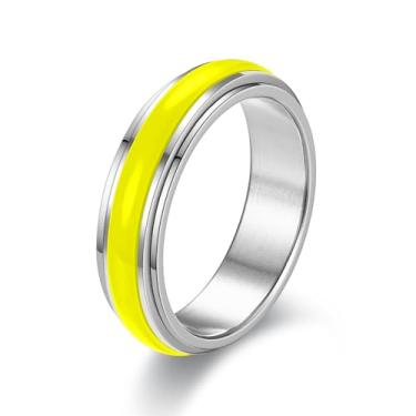 Imagem de WOYNJI Anel de aço inoxidável de 6 mm com esmalte luminoso que brilha no escuro Anéis giratórios de declaração para mulheres e homens, giratórios Amarelo Tamanho da América 6