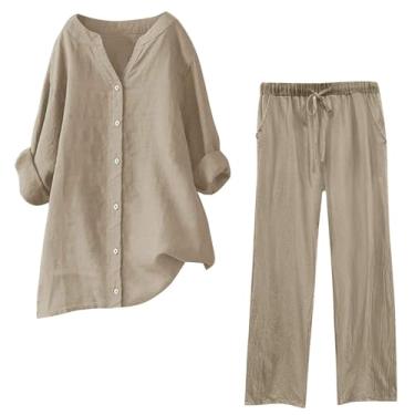 Imagem de Lainuyoah Conjunto de duas peças para mulheres, camisa de algodão e linho, gola V e calça de cintura elástica, conjunto de agasalho liso, A cáqui, 3X-Large