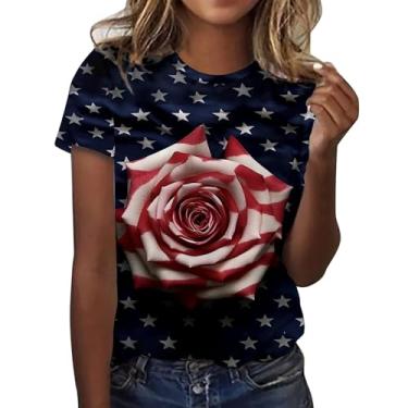 Imagem de Camiseta feminina 4th of July Patriotic Floral American Flag Graphic Top manga curta gola redonda túnica Independence Day, rosa, GG
