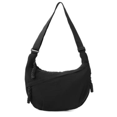Imagem de Bolsa Hobo para mulheres e homens, bolsa de ombro crescente, retrô, de lona de nylon, bolsa transversal de veludo cotelê despojado, Preto, Medium
