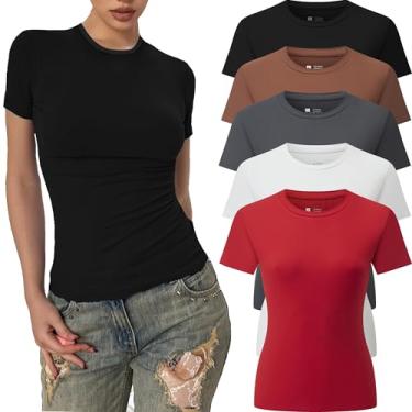 Imagem de Vomidia Camisetas femininas básicas de 5 peças, gola redonda, manga curta, tops bonitos de verão, camisetas justas, roupas Y2k, 5 peças: preto/branco/café/vermelho/cinza, GG