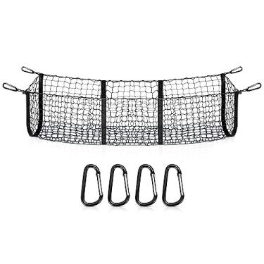 Imagem de MICTUNING Rede de armazenamento de porta-malas com 3 bolsos – Rede de carga resistente para carro, SUV, caminhonete – Malha preta com 4 mosquetões de metal grátis