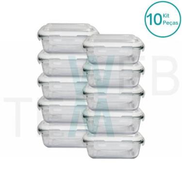 Imagem de Kit 10 Potes Herméticos Marmita de Vidro Retangular 370ml Tampa BPA Fr