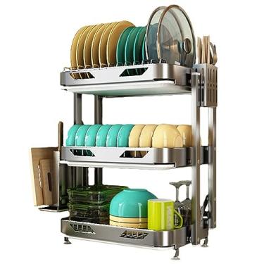 Imagem de Escorredor de pratos de cozinha de 3 níveis, escorredor de pratos com bandeja coletora, prateleira dobrável de aço inoxidável 304 com suporte de tábua de corte de utensílios para balcão de cozinha,