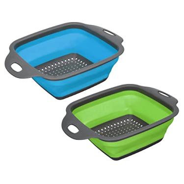 Imagem de CASA -J Conjunto de escorredor dobrável, 2 peças de coador dobrável quadrado de silicone adequado para macarrão, legumes, frutas - azul verde pequeno