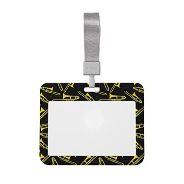 Imagem de Porta-crachá de identificação horizontal bonito trombone preto amarelo com cordão para mulheres homens meninas clipe etiqueta cartão capa personalizada plástico rígido capa protetora 4x3 polegadas