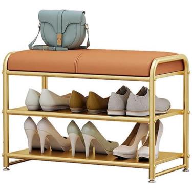 Imagem de Banco de sapato | Mini banco de entrada | Banco de corredor com armazenamento de sapatos para espaços pequenos | Banco baixo com almofada | Moldura de metal dourado, verde, pequeno
