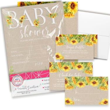 Imagem de Amanda Creation Convites de chá de bebê para meninas – Conjunto de convite de chá de bebê girassol com ingressos de sorteio de fraldas, cartões de solicitação de livro e envelopes. Conjunto de 20