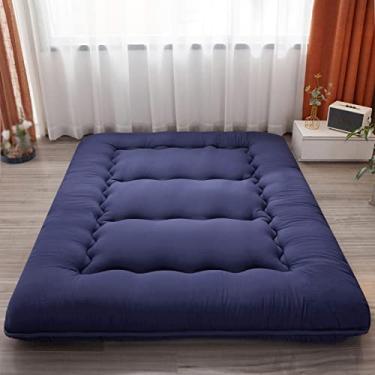 Imagem de Heimorn Colchão futon de chão japonês, tapete de tatame espesso de 10 cm, almofada de dormir, dobrável, dobrável, para dormitório para meninos e meninas, travesseiro infantil, azul, queen