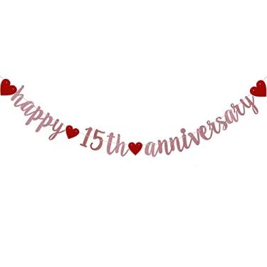 Imagem de Faixa de feliz aniversário de 15 anos, pré-amarrada, guirlandas de papel com glitter ouro rosa para suprimentos de decorações de festa de aniversário de 15 anos, sem necessidade de montagem, (ouro