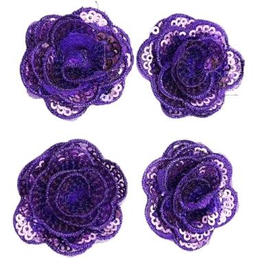 Imagem de Carytalee 5 peças rosa flor lantejoulas renda bordado aplique aplique acabamento vestido de casamento faça você mesmo costura artesanato roupas apliques, 4 cm, roxo