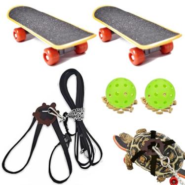 Imagem de Conjunto de brinquedos de brincar e treinar tartarugas, 1 coleira ajustável para tartaruga, 2 skates de répteis, 2 bolas de petisco, acessório de skate rápido para tartarugas, mini skates de caminhada