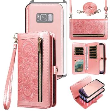 Imagem de Asuwish Capa de celular para Samsung Galaxy S8 Plus com zíper carteira destacável com protetor de tela de vidro temperado, suporte de cartão de flores S8plus S 8 8plus 8S Edge S8+ SM-G955U feminino