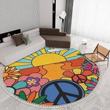 Imagem de OUVNWLRE Tapetes redondos de franja felpuda anos 70 Groovy Retro Sunshine and Flowers Print with Sign Vintage Hippie Boho Circle Throw Area Rug Kids Girl Room Decor Carpet Tassels for Powder Nursery