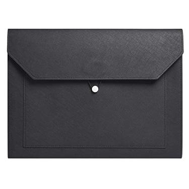 Imagem de Yufocusqc Pasta de arquivos A4 de couro PU para documentos com 2 bolsos, pasta de envelope com cordão elástico, expansão de 1,9 cm (preto)