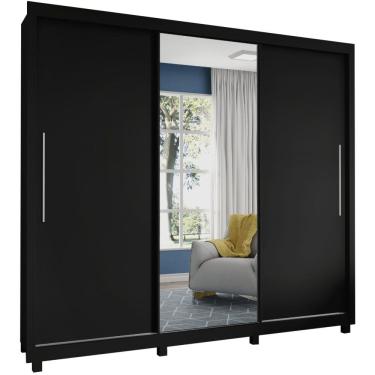 Imagem de Guarda Roupas casal Gelius Royale com 228,5 cm de Largura 3 portas de correr com espelho – Preto/Naturale