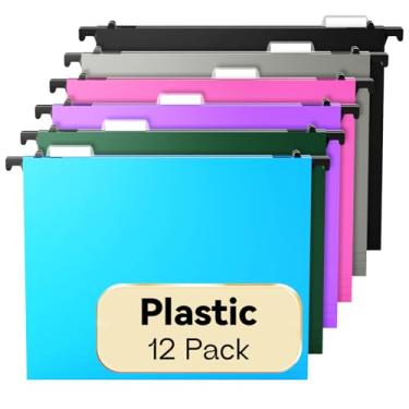 Imagem de NORDUN Pasta de arquivo de plástico para pendurar, tamanho carta, pacote com 12 pastas suspensas reforçadas, expansão de 5 cm, resistentes, suspensas, cores sortidas