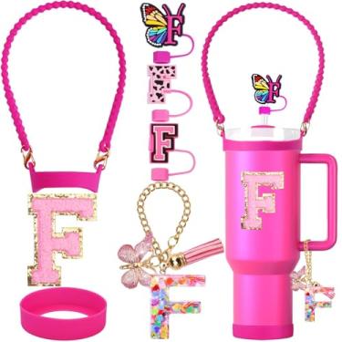 Imagem de ZYBIDEAL Conjunto de acessórios para Stanley Cup, capa de canudo com letra de 0,4 polegadas, alça de garrafa de silicone, bota para Stanley 30 e 1,134 g, pingente inicial e adesivo (letra F, rosa)